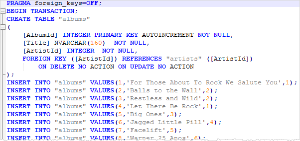 Exemplo de banco de dados de despejo SQLite