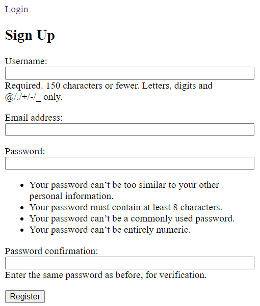 formulário de registro djang - padrão