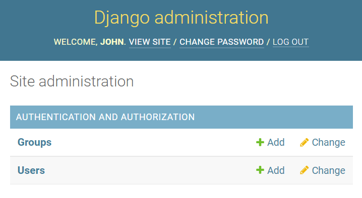 página de administração do Django - painel de administração