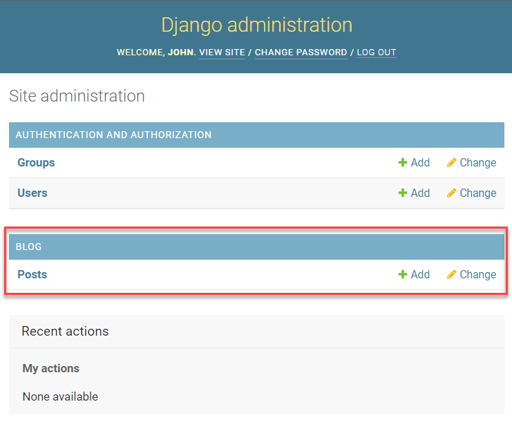 página de administração do Django - blog